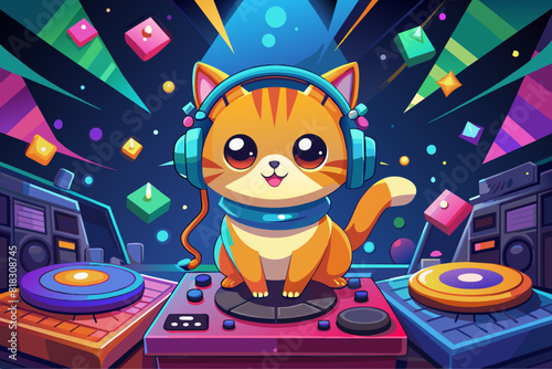 Vector cute cat playing music cartoon vector icon illustration
