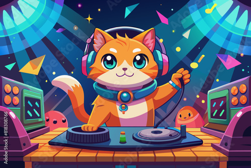 Vector cute cat playing music cartoon vector icon illustration
