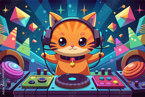 Vector cute cat playing music cartoon vector icon illustration
