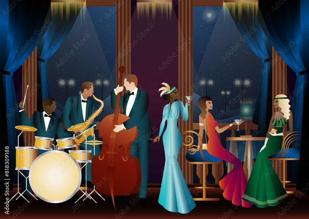 Fototapeta premium Jazz musicians in a restaurant, cafe or bar. Double bass, saxophone, drum. Musicians play musical instruments