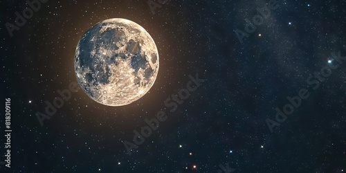 The stars twinkle brightly above as a full moon rises  illuminating the night with its ethereal glow