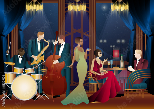Jazz musicians in a restaurant, cafe or bar. Double bass, saxophone, drum. Musicians play musical instruments