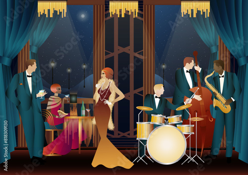 Jazz musicians in a restaurant, cafe or bar. Double bass, saxophone, drum. Musicians play musical instruments
