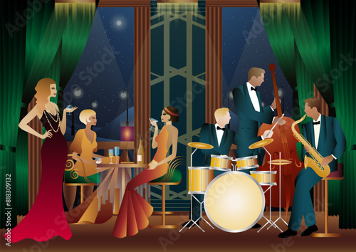 Jazz musicians in a restaurant, cafe or bar. Double bass, saxophone, drum. Musicians play musical instruments
