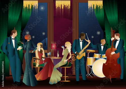 Jazz musicians in a restaurant, cafe or bar. Double bass, saxophone, drum. Musicians play musical instruments