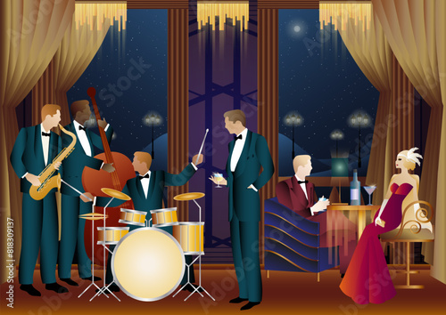 Jazz musicians in a restaurant, cafe or bar. Double bass, saxophone, drum. Musicians play musical instruments
