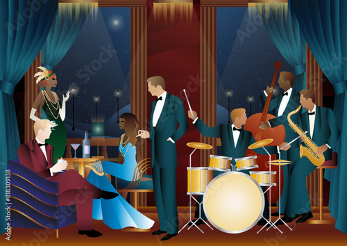 Jazz musicians in a restaurant, cafe or bar. Double bass, saxophone, drum. Musicians play musical instruments