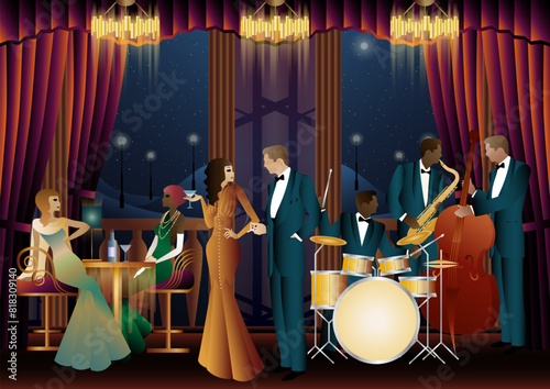 Jazz musicians in a restaurant, cafe or bar. Double bass, saxophone, drum. Musicians play musical instruments