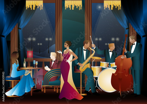 Jazz musicians in a restaurant, cafe or bar. Double bass, saxophone, drum. Musicians play musical instruments