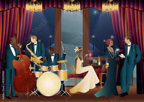 Jazz musicians in a restaurant, cafe or bar. Double bass, saxophone, drum. Musicians play musical instruments