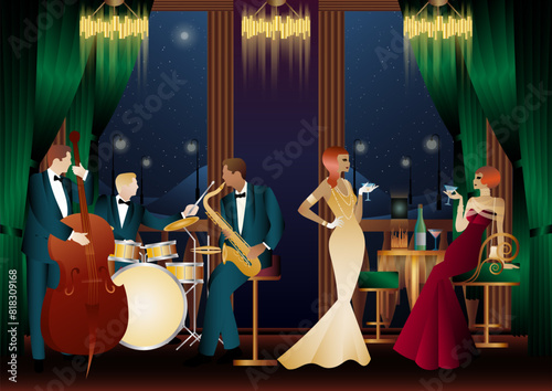 Jazz musicians in a restaurant, cafe or bar. Double bass, saxophone, drum. Musicians play musical instruments