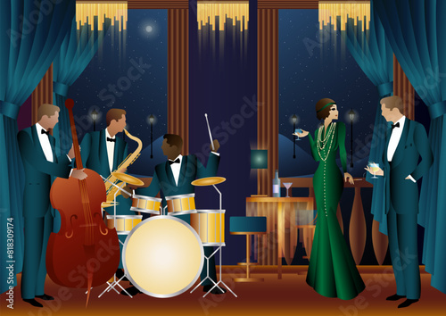 Jazz musicians in a restaurant, cafe or bar. Double bass, saxophone, drum. Musicians play musical instruments