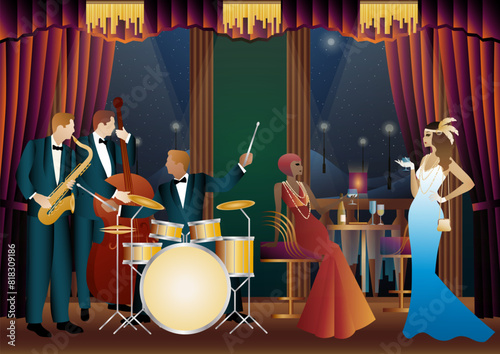 Jazz musicians in a restaurant, cafe or bar. Double bass, saxophone, drum. Musicians play musical instruments