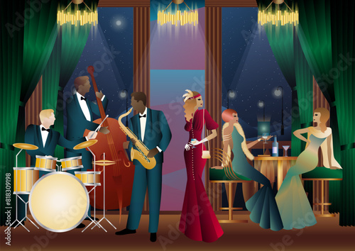 Jazz musicians in a restaurant, cafe or bar. Double bass, saxophone, drum. Musicians play musical instruments