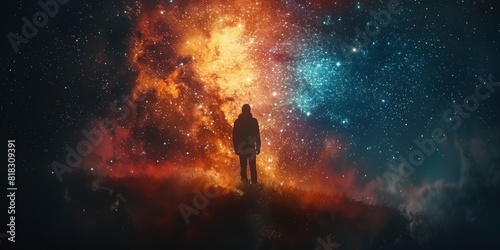 A highdefinition galaxy texture with stars and nebulae close up  focus on  copy space Cosmic and colorful Double exposure silhouette with stars