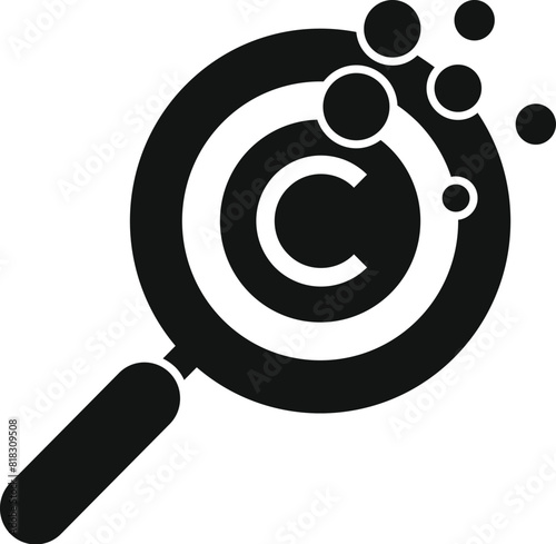 Black and white vector icon showing a magnifying glass examining a copyright symbol