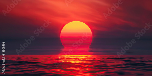 A vibrant red sun dips below the horizon, casting a warm hue across the sky. 