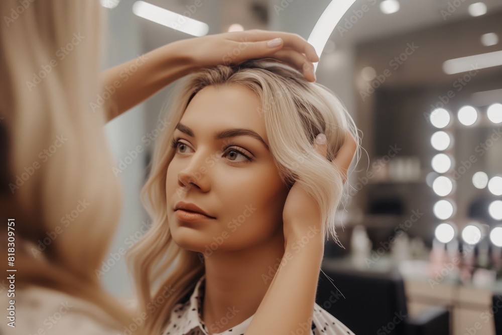 Fototapeta premium Beautiful young woman enjoying a hairstyling session at a modern salon, with a stylist perfecting her elegant wavy hairstyle, reflecting glamour and self-care in a luxurious setting