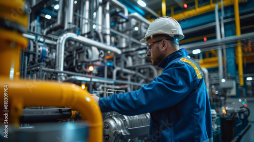 Wallpaper Mural Male technician in blue uniform and safety helmet adjusting a large valve in a modern gas processing plant. Torontodigital.ca
