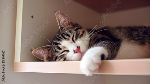 Gato fofo dormindo em uma prateleira photo