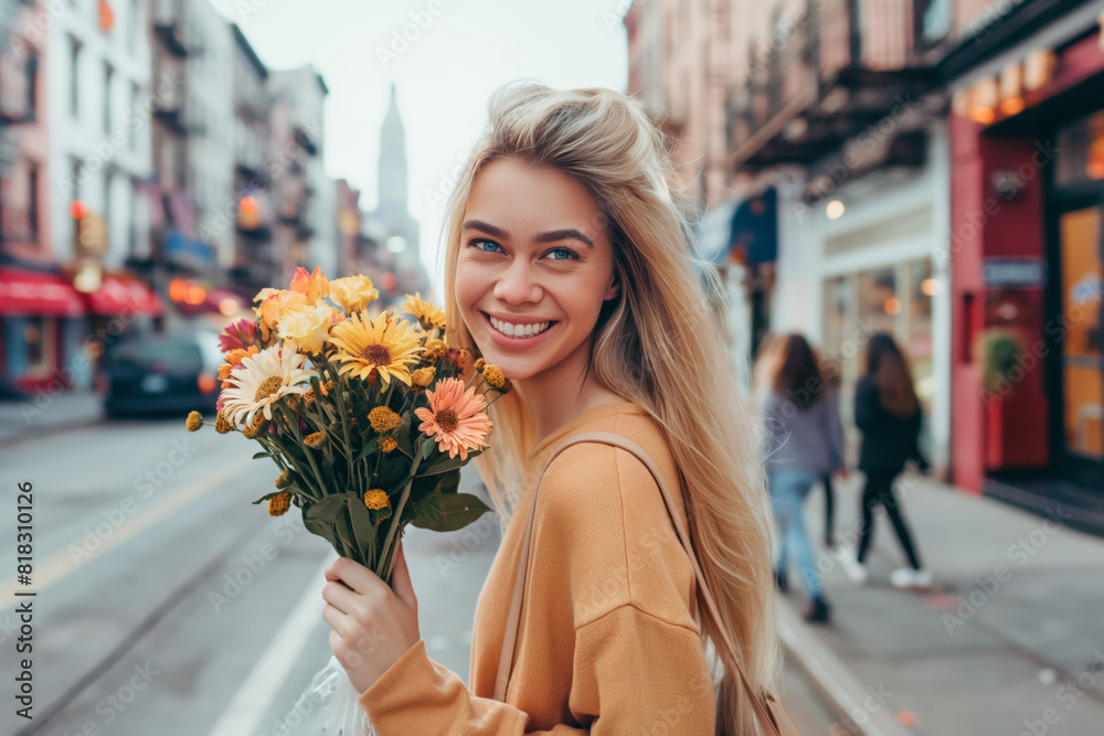 Fototapeta premium Cheerful young woman with a bouquet of bright flowers smiles beautifully as she explores the vibrant city streets, embodying joy and urban springtime charm