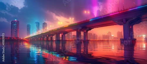 Rainbow Lights Illuminating Iconic Bridge in Vibrant Digital Cityscape