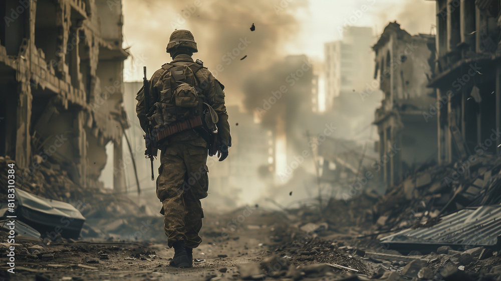 A soldier is walking through a city that has been destroyed by war. 