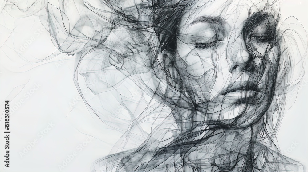 Abstract illustration of a woman's face with closed eyes, surrounded by swirling black lines. Digital art portrait in monochrome. Concept of introspection and meditation. Abstract illustration of a woman's face with closed eyes, surrounded by swirling black lines. Digital art portrait in monochrome. Concept of introspection and meditation.