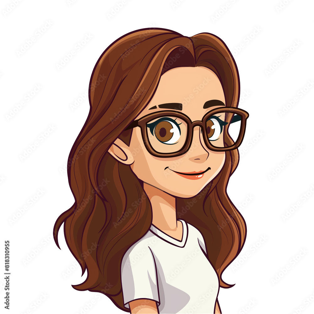 girl with brown hair wearing glasses . Clipart PNG image . Transparent background . Cartoon vector style
