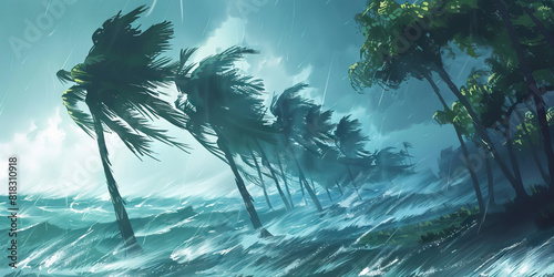 A hurricane barrels down on a tropical island, trees bending and palm fronds whipping in the wind