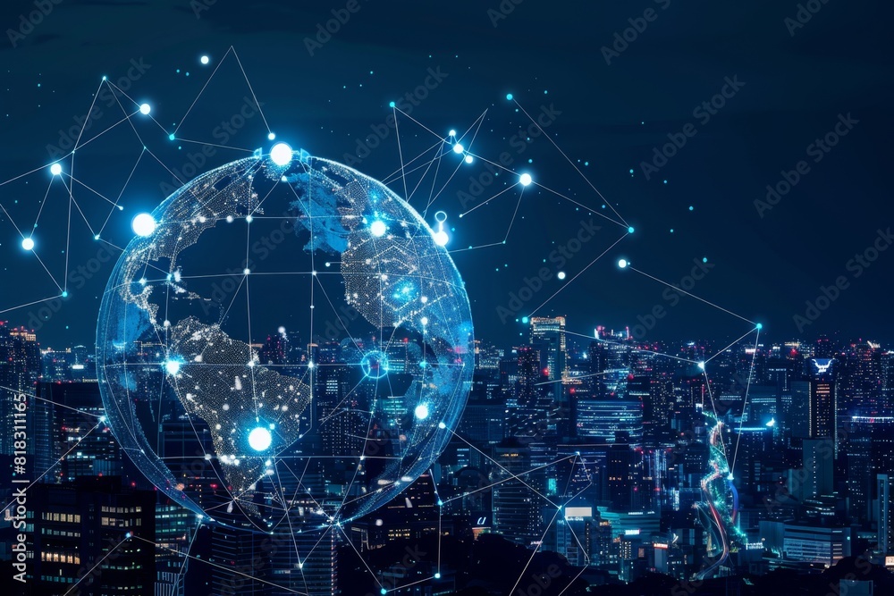 A digital globe surrounded by global network connections, set against the backdrop of an urban skyline at night Generative AI A digital globe surrounded by global network connections, set against the backdrop of an urban skyline at night Generative AI