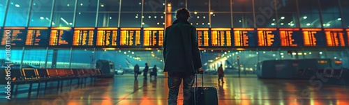 Man standing in an airport with a suitcase, Travel background 