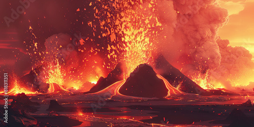 A volcanic eruption spews lava high into the air, creating new land and changing the landscape forever