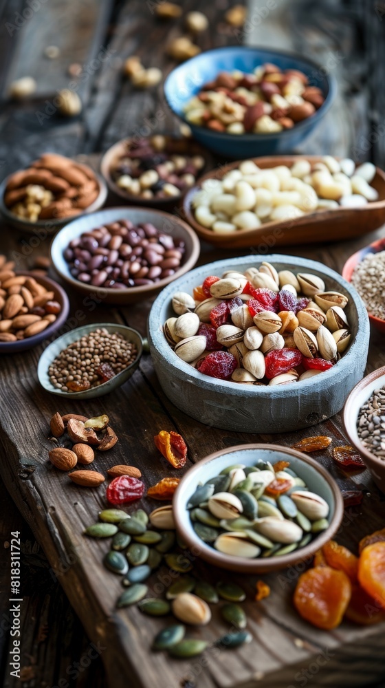 Many different kinds of nuts and seeds on a table, food background Many different kinds of nuts and seeds on a table, food background