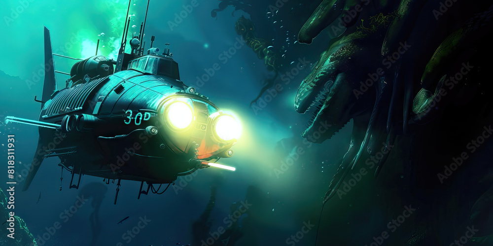 A deep-sea submersible explores uncharted parts of the ocean floor, its powerful lights illuminating strange and alien creatures. A deep-sea submersible explores uncharted parts of the ocean floor, its powerful lights illuminating strange and alien creatures.