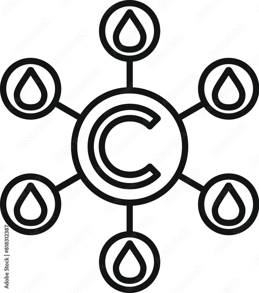 Simplified black and white icon depicting a circular chart with water drop symbols Simplified black and white icon depicting a circular chart with water drop symbols
