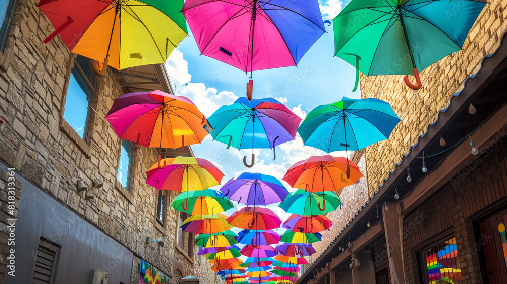 A rainbow-colored umbrella display suspended above a quaint alleyway during pride month