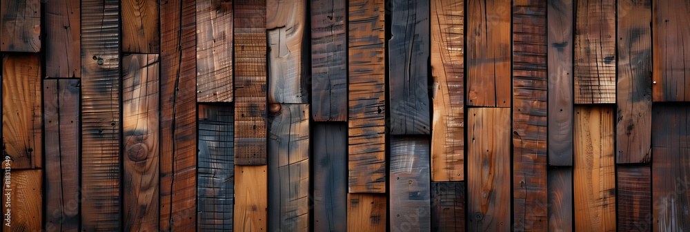 A close up of a wooden wall with various planks A close up of a wooden wall with various planks