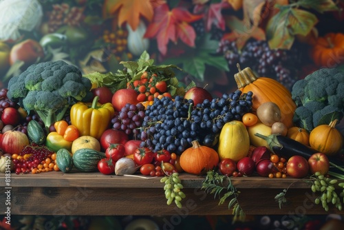 A vibrant assortment of ripe fruits and freshly harvested vegetables adorns a rustic wooden table  evoking the spirit of Thanksgiving in autumn.