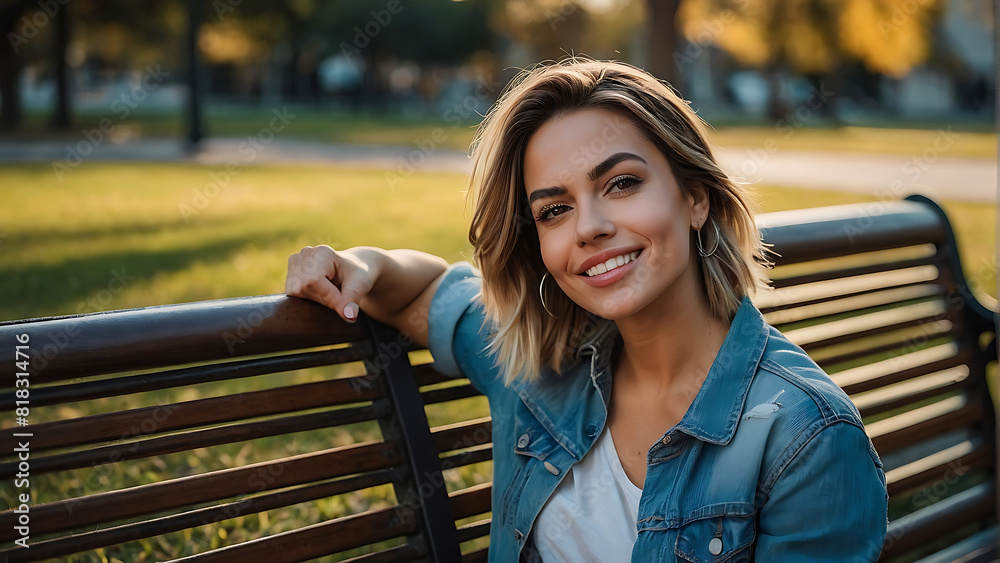 Smiling Woman Sitting on Park Bench Smiling Woman Sitting on Park Bench