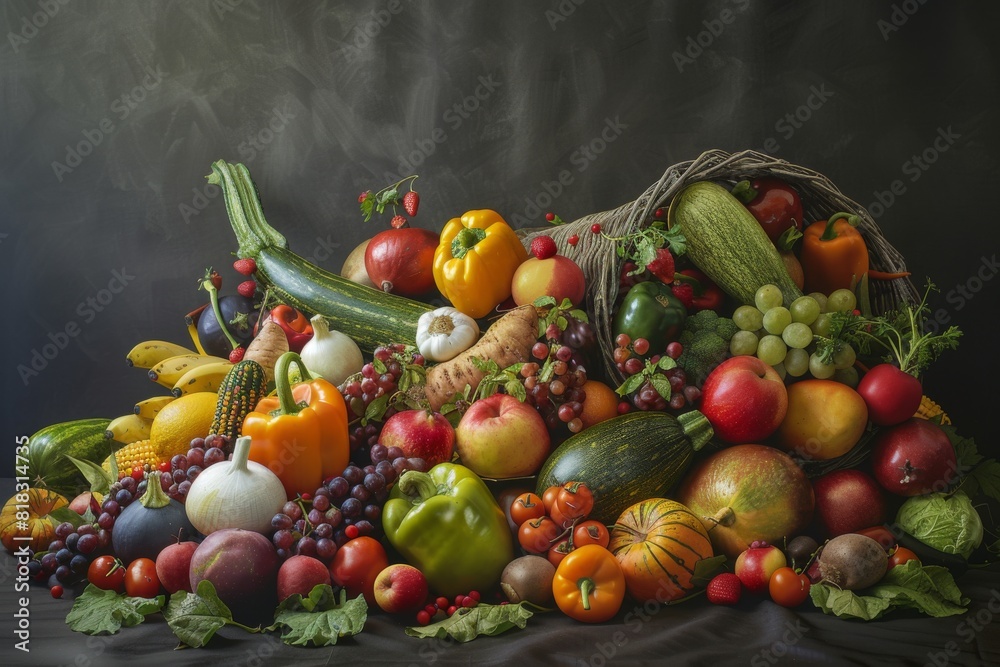 An abundant assortment of fresh fruits and vegetables arranged on a weathered wooden table, capturing the essence of the autumn harvest season. An abundant assortment of fresh fruits and vegetables arranged on a weathered wooden table, capturing the essence of the autumn harvest season.