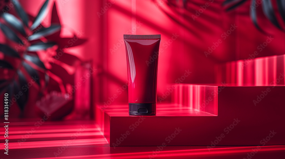 red cosmetic tube standing upright against a matching red background red cosmetic tube standing upright against a matching red background