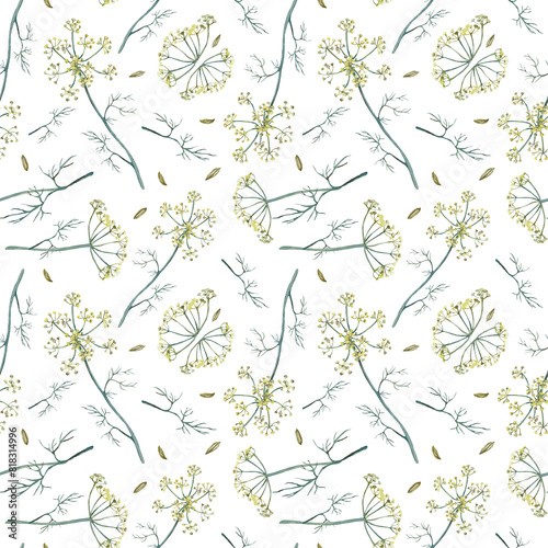 Fototapeta Naklejka Na Ścianę i Meble -  Seamless watercolor pattern with greenery, flowers and fennel seeds on a white background
