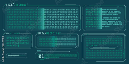 Data entry and text decoding on futuristic interface screen.