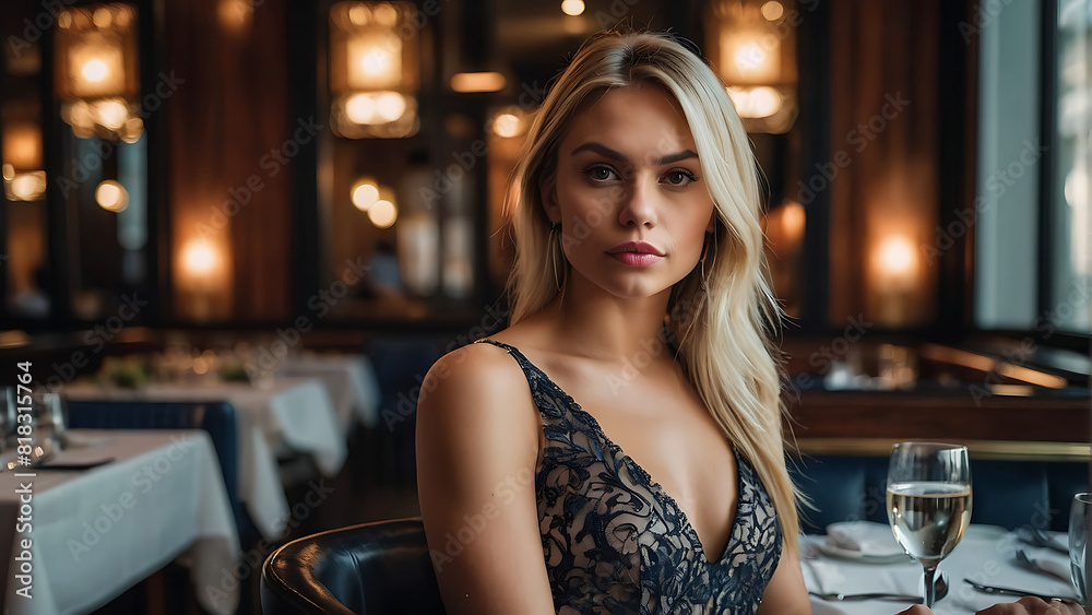 woman in black dress on a fancy dinner date at an upscale restaurant