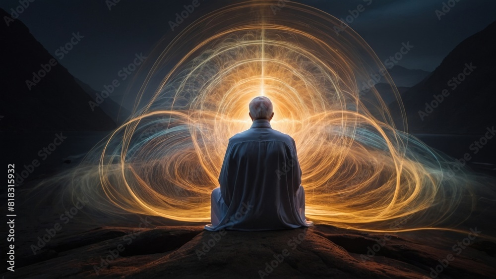 A man in deep meditation surrounded by flows of energy.