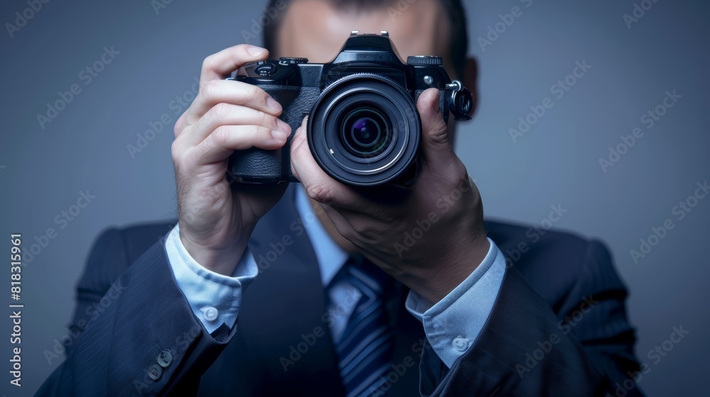 Man in a suit holding a camera and taking a photograph. Professional photography and business concept.