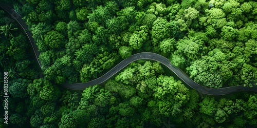 View from above of a forest road surrounded by vibrant green trees. Concept Nature, Greenery, Forest, Scenic View, Aerial Shot