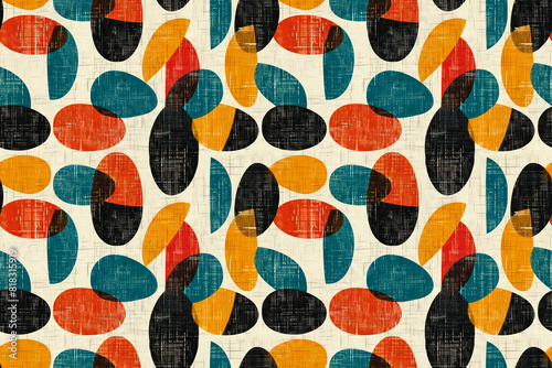 A colorful pattern of circles and squares with a vintage feel