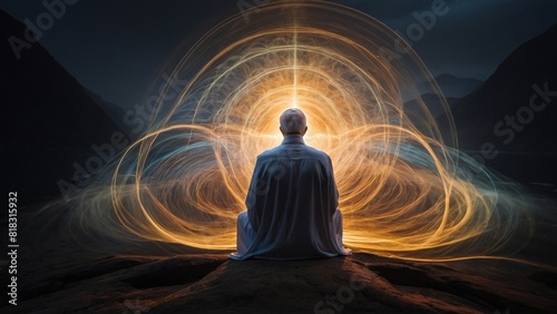A man in deep meditation surrounded by flows of energy. © Sahaidachnyi Roman